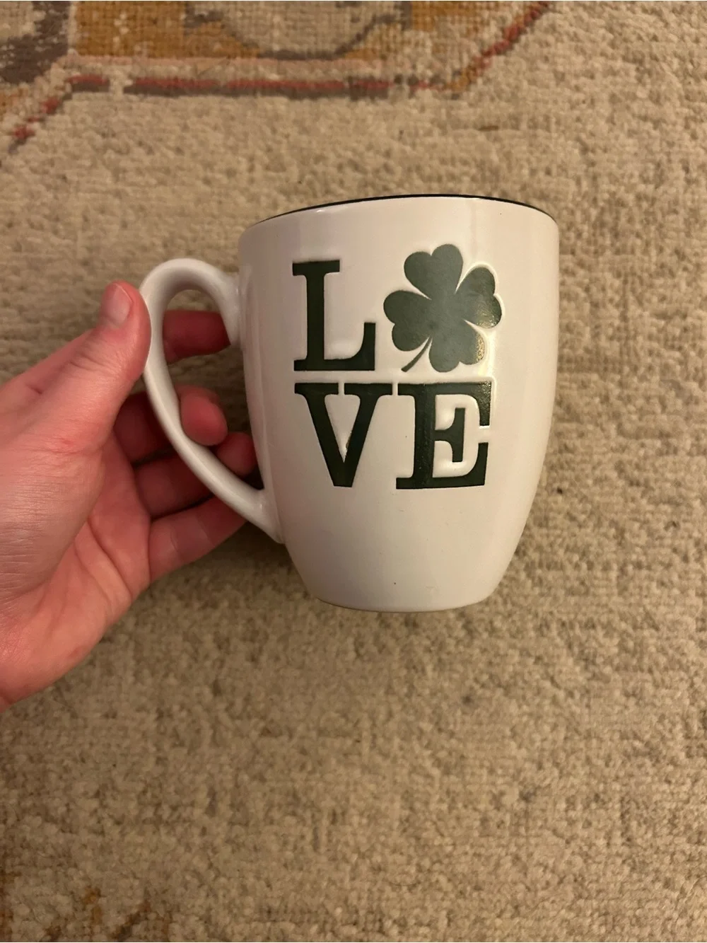 Spectrum Designz White “Love” Mug W/ Green Shamrock Detail